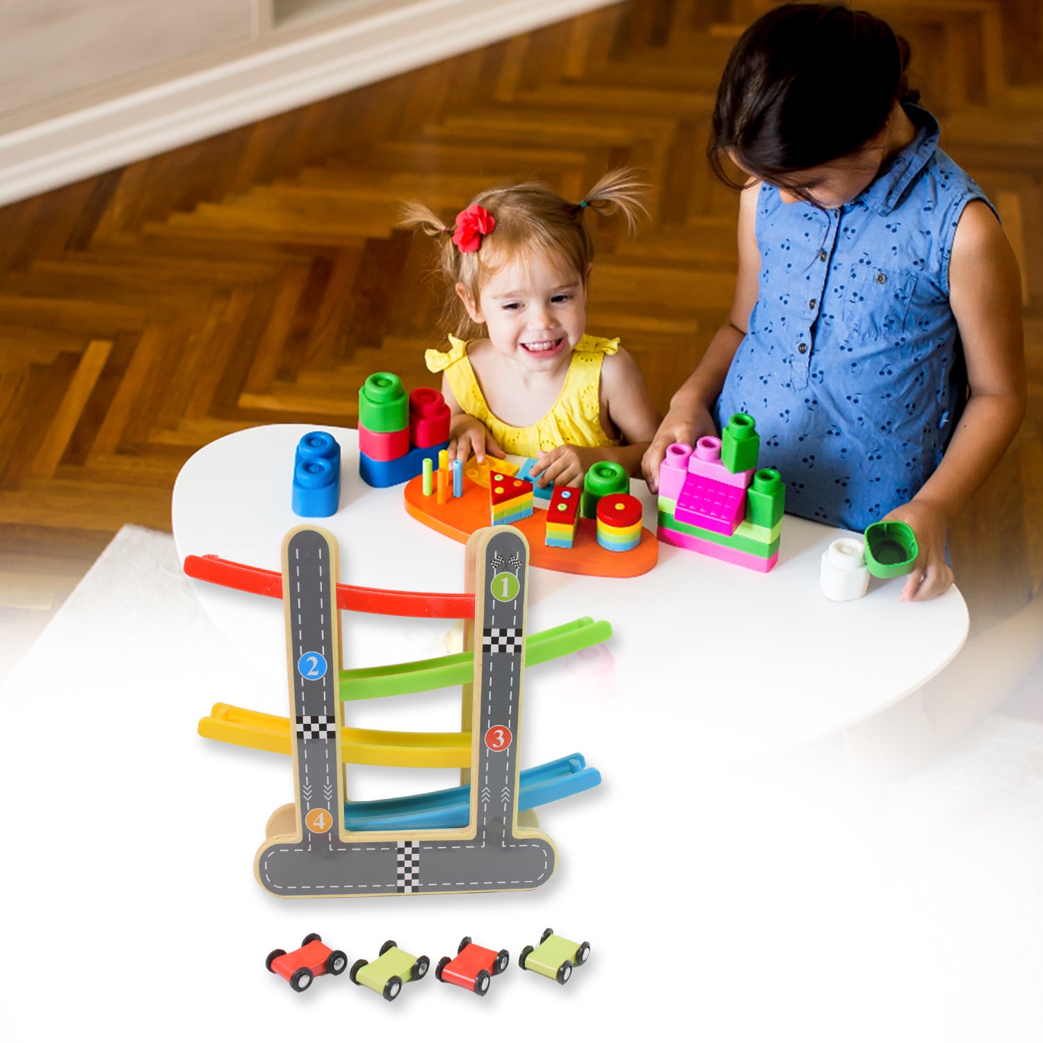 Car Racer Track Play Set Wooden Click Clack Toys With 4 Mini Racers (1 Set) Car Racer Track Play Set Wooden Click Clack Toys With 4 Mini Racers (1 Set)